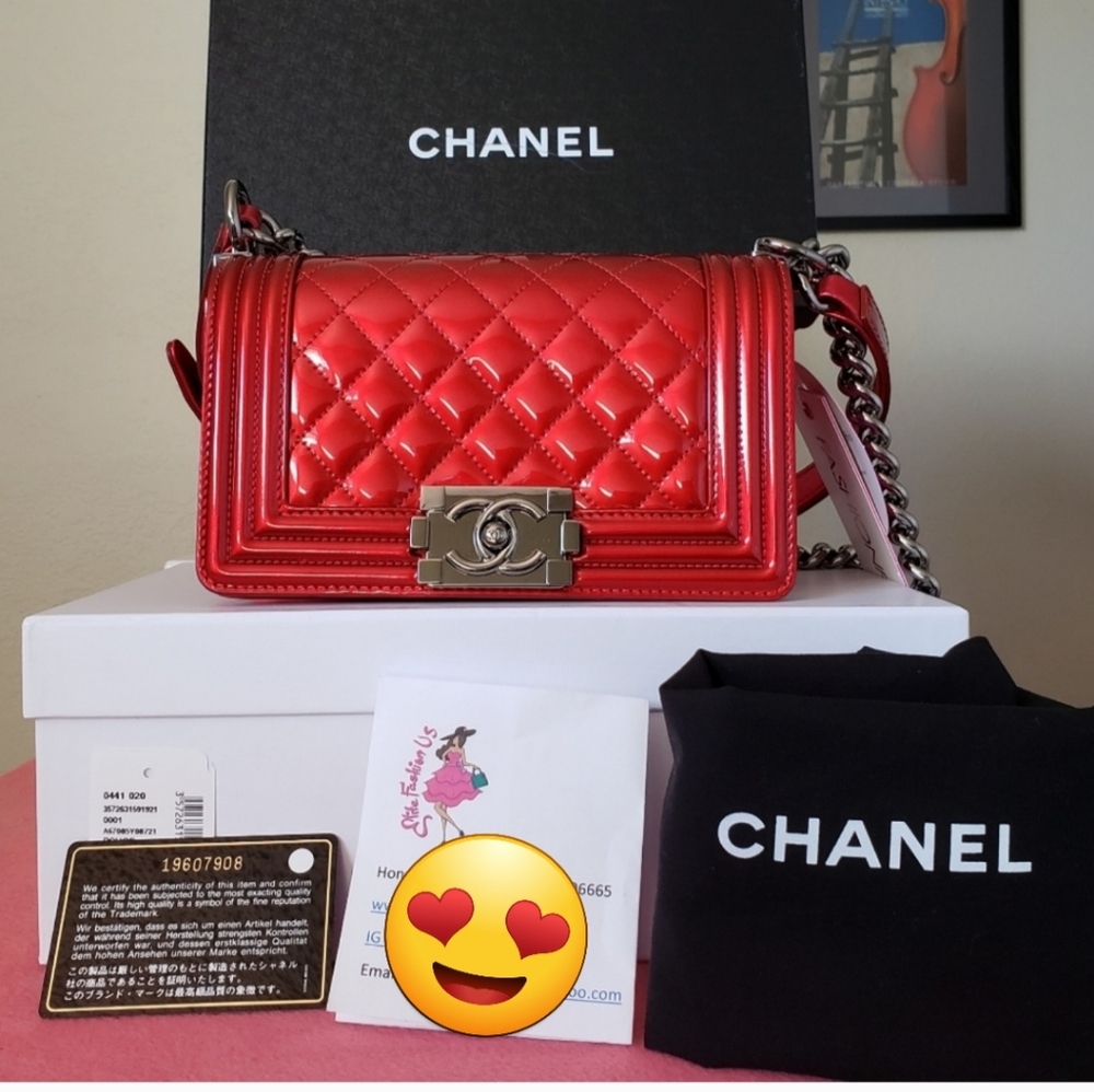 Chanel boy red patent silver hw small bag